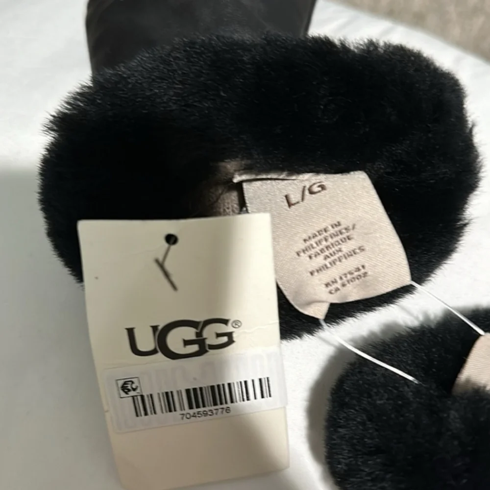 UGG Womens Shearling-Trim cuff Black leather Shorty Gloves Size Large